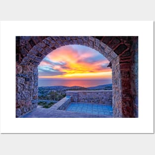The sunset from the medieval mastic village of Avgonyma on the island of Chios, Greece Posters and Art